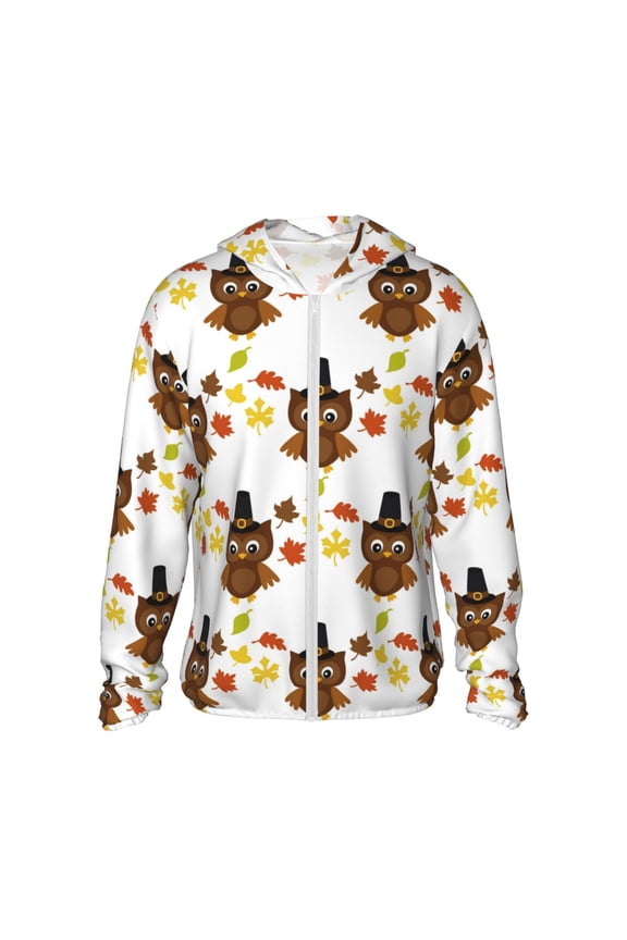 Colorful maple leaf owl Print Men's Women Light Jacket Full Zip Sun Protection Hoodie Long Sleeve Sun Shirts for Men Hiking Fishing Zip Pockets-X-Large