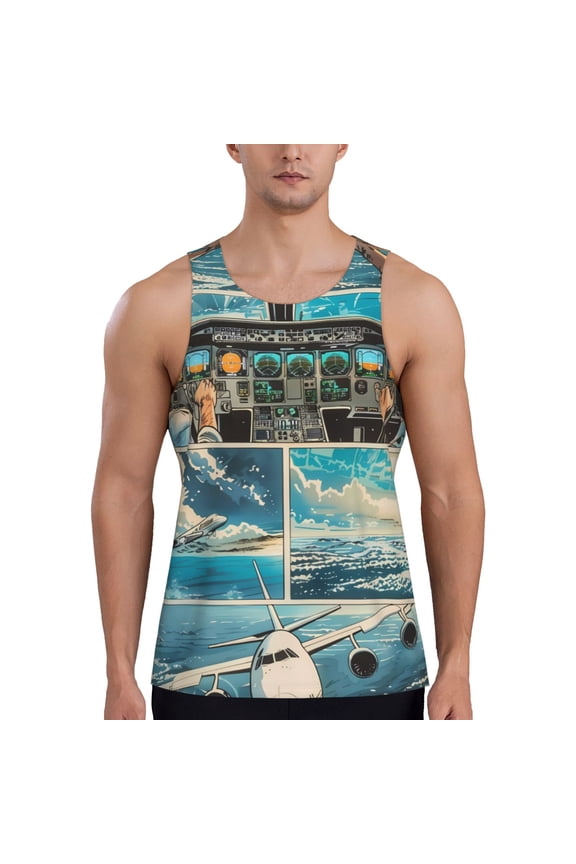 Comic Airplane Cockpit Illustration Print Men's Workout Tank Top,Quick Dry Workout Tank Top,Gym Muscle Tee,Fitness Bodybuilding Sleeveless T Shirt-4X-Large