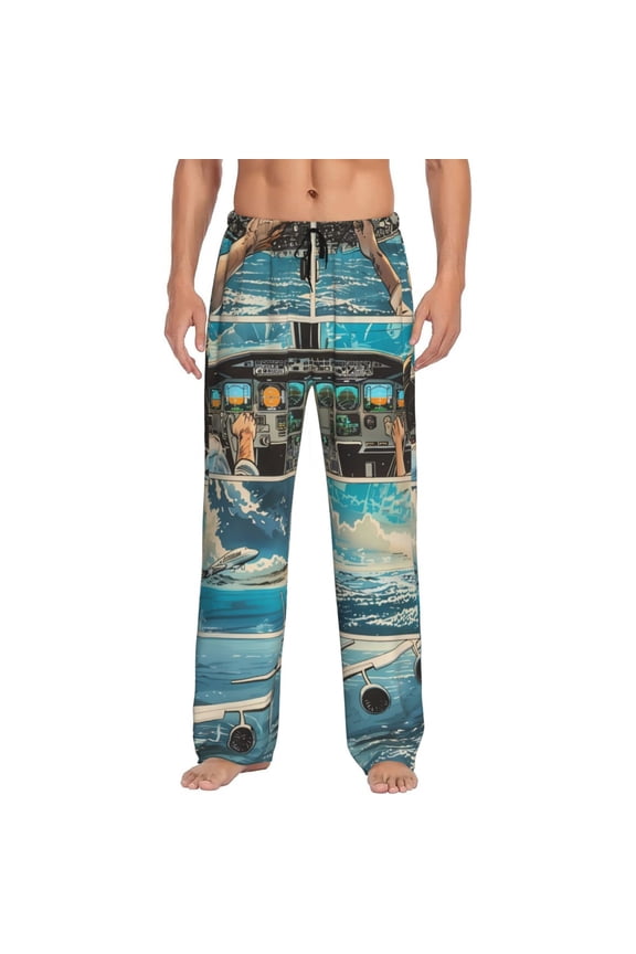 Comic Airplane Cockpit Illustration Print Pajama Pants for Men,Men’s Pajama Bottoms,Mens PJ Pants with Pockets & Button Fly-3X-Large