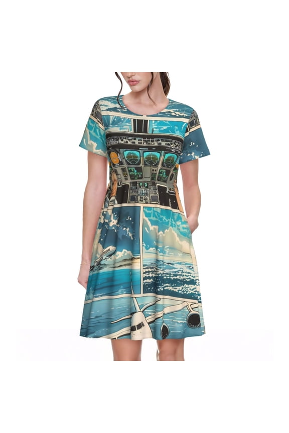 Comic Airplane Cockpit Illustration Print Womens Summer Dress,Casual Short Sleeve Sundresses,Beach A-line Shift Dress with Pockets
