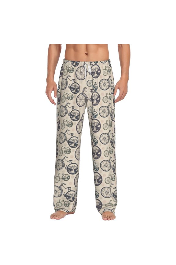 Compass And Mountains In Bicycle Wheels Print Pajama Pants for Men,Men’s Pajama Bottoms,Mens PJ Pants with Pockets & Button Fly-X-Large
