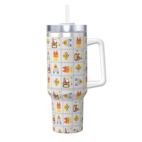 Logiee Construction Equipments Worker Print 40OZ Ice Bully Cup with Handle and Straw, Double Wall Stainless Steel Tumbler,Travel Coffee Cup with Lid, Summer Insulation and Cooling Cup