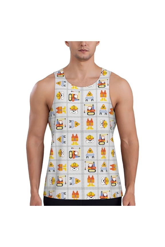 Construction Equipments Worker Print Men's Workout Tank Top,Quick Dry Workout Tank Top,Gym Muscle Tee,Fitness Bodybuilding Sleeveless T Shirt-