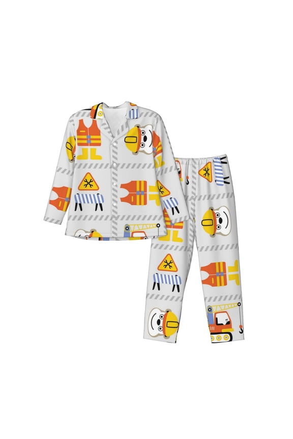 Construction Equipments Worker Print Mens Long Sleeve Pajama Set,Notched Collar Pajamas for Men, Men's Sleepwear,Mens Sleepwear with Pockets & Button Down-XX-Large
