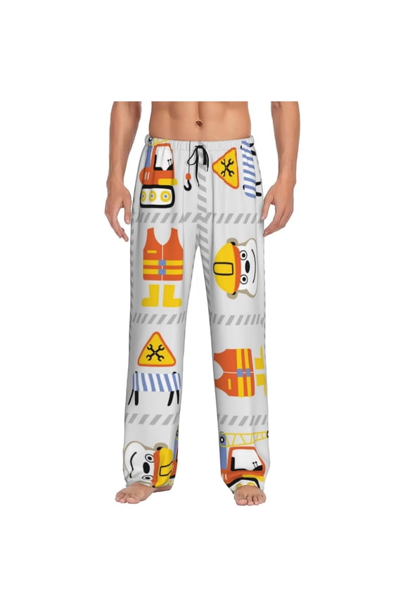 Construction Equipments Worker Print Pajama Pants for Men,Men’s Pajama Bottoms,Mens PJ Pants with Pockets & Button Fly-Large