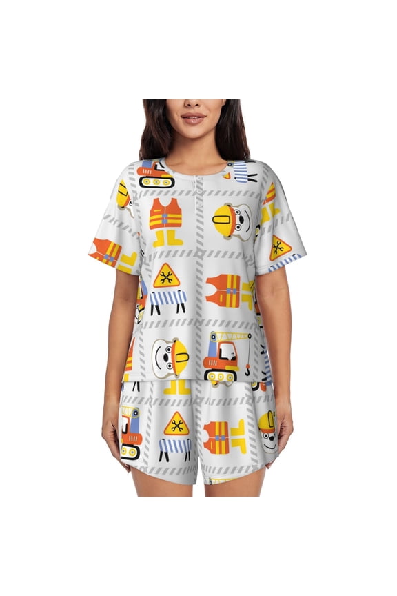 Construction Equipments Worker Print Womens Pajamas Set,Short-Sleeve Pajama 2 Piece Sleepwear with Pockets-Small