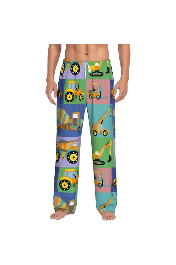 Construction Machinery Print Pajama Pants for Men,Men’s Pajama Bottoms,Mens PJ Pants with Pockets & Button Fly-X-Large