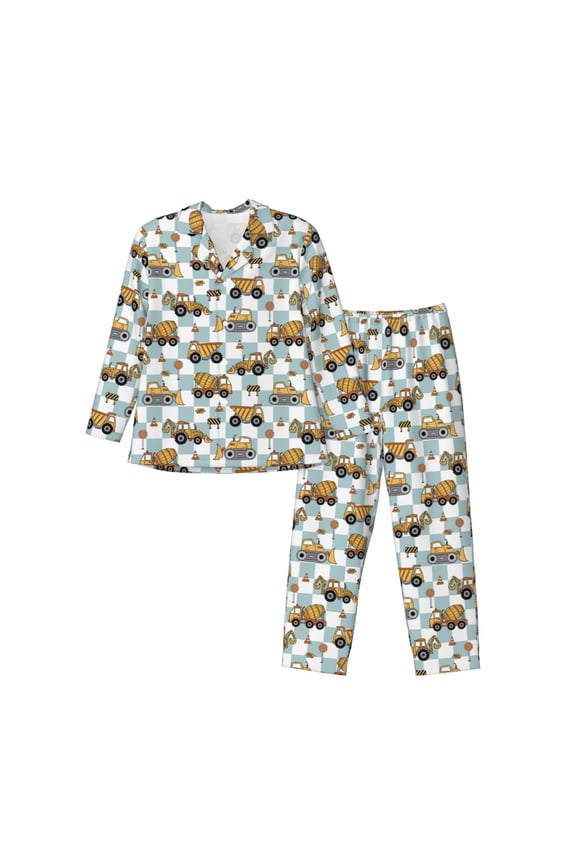 Construction Vehicle Print Mens Long Sleeve Pajama Set,Notched Collar Pajamas for Men, Men's Sleepwear,Mens Sleepwear with Pockets & Button Down-Large