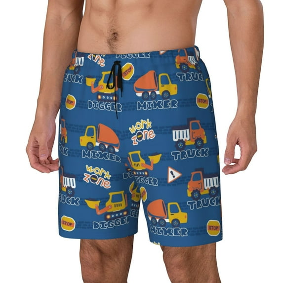 Logiee Construction Vehicles Print Men's Swim Trunk,Quick Dry Board Shorts ,Men's Swim Trunks with Compression Liner, Bathing Suits with Pockets-3X-Large