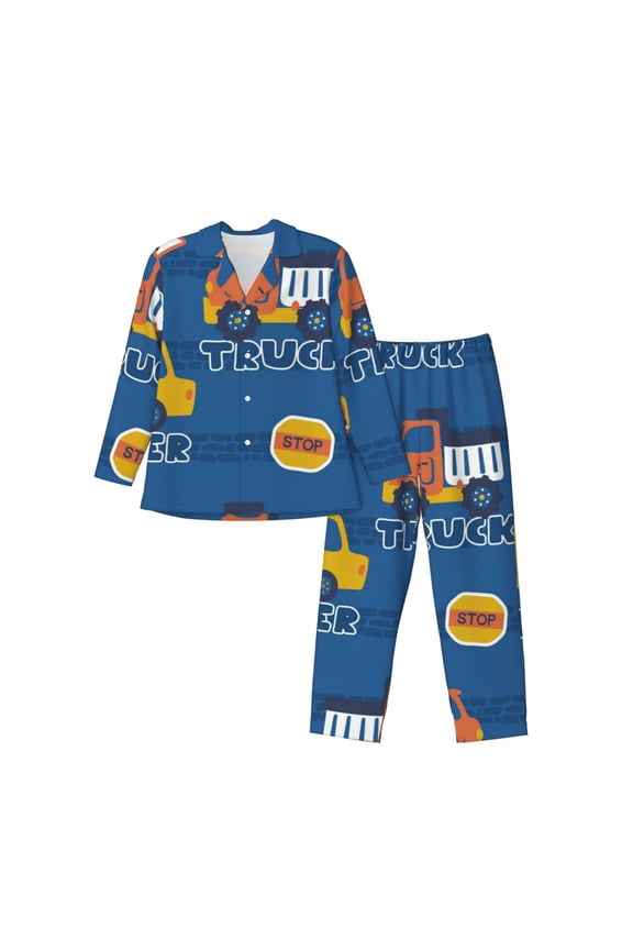 Construction Vehicles Print Mens Long Sleeve Pajama Set,Notched Collar Pajamas for Men, Men's Sleepwear,Mens Sleepwear with Pockets & Button Down-Large