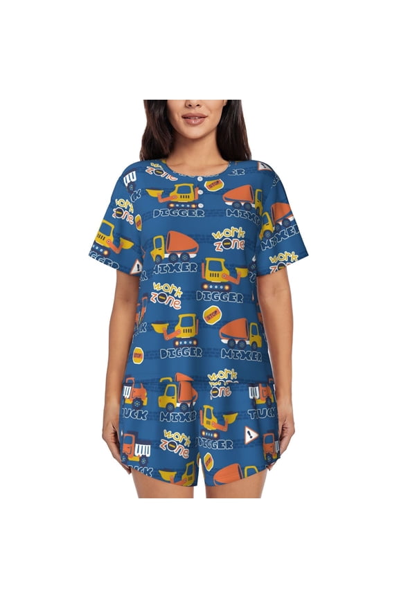 Construction Vehicles Print Womens Pajamas Set,Short-Sleeve Pajama 2 Piece Sleepwear with Pockets-Small