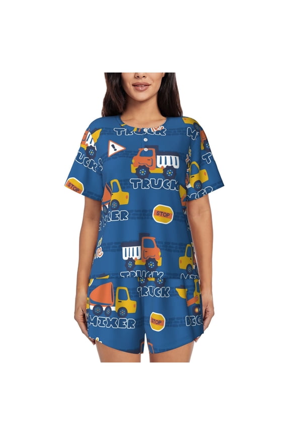 Construction Vehicles Print Womens Pajamas Set,Short-Sleeve Pajama 2 Piece Sleepwear with Pockets-X-Large