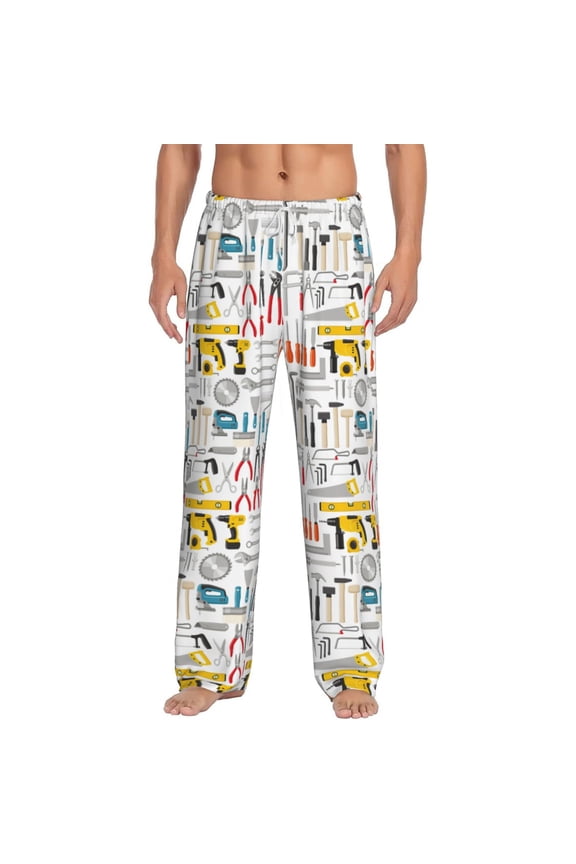 Construction tools Print Pajama Pants for Men,Men’s Pajama Bottoms,Mens PJ Pants with Pockets & Button Fly-Small