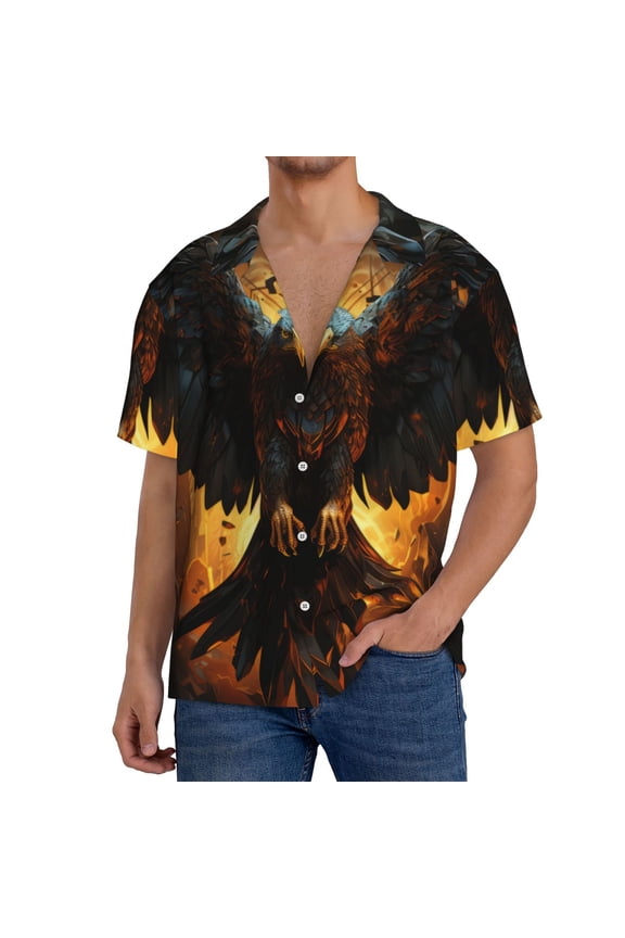 Cool Black Eagle Print Men's Button Down Shirts Short Sleeve, Summer Beach Shirts,Vacation Wedding Shirts,Men's Casual Button-Down Shirts with Pocket-3X-Large