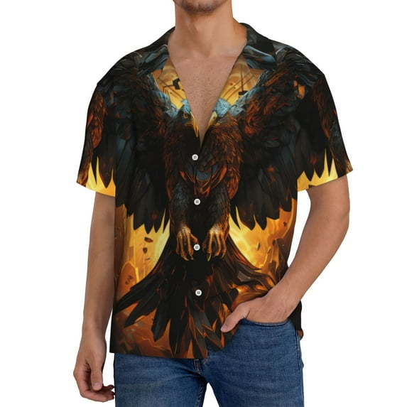 Logiee Cool Black Eagle Print Men's Button Down Shirts Short Sleeve, Summer Beach Shirts,Vacation Wedding Shirts,Men's Casual Button-Down Shirts with Pocket-Large