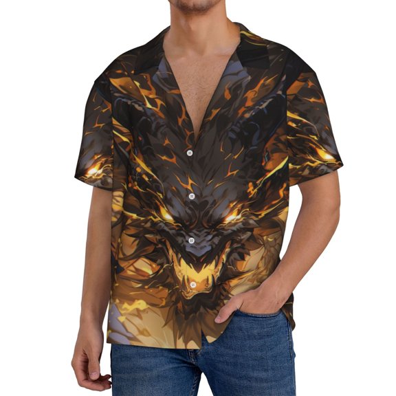 Logiee Cool Black Gold Dragon Print Men's Button Down Shirts Short Sleeve, Summer Beach Shirts,Vacation Wedding Shirts,Men's Casual Button-Down Shirts with Pocket-Large