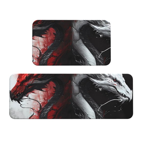Logiee Cool Black And White Dragon Print Kitchen Mats for Floor Sets of 2,Waterproof Kitchen Rugs,Non Slip Comfort Standing Mat Rug for Home,Runner,Sink,Office,Laundry