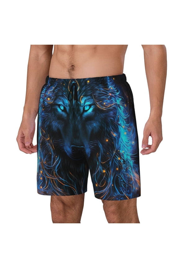 Cool Blue Light Wolf Print Men's Swim Trunk,Quick Dry Board Shorts ,Men's Swim Trunks with Compression Liner, Bathing Suits with Pockets-3X-Large