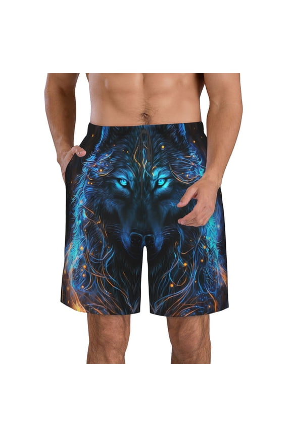Cool Blue Light Wolf Print Mens Swim Trunks Quick Dry Board Shorts,Breathable Hawaii Beach Shorts Swimwear Bathing Suits-