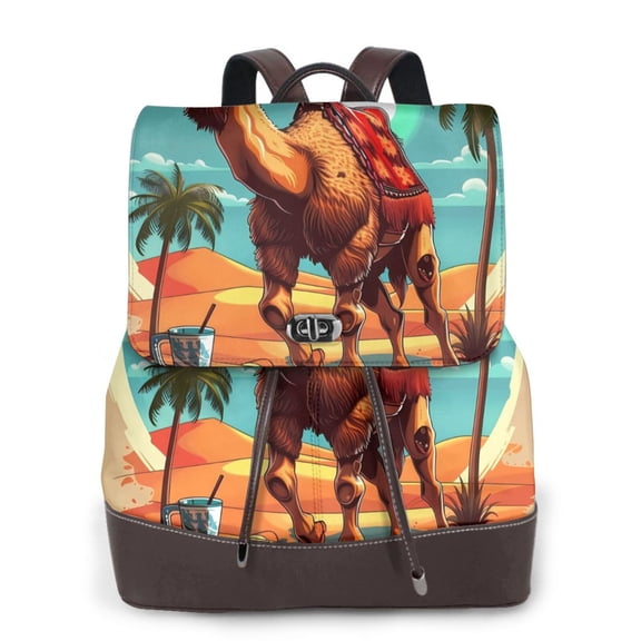 Logiee Cool Camel Oasis Vibes Print Backpack Purse for Women,Fashion Leather Backpack Purse,Women's Leather Backpack for Work College Travel