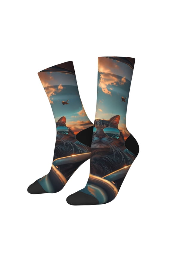 Cool Cat Driving Sunset Print Adult Socks for Men & Women,Calf Socks, Ankle Socks,Boots Socks,Breathable Casual Sock,Unisex Crew Socks