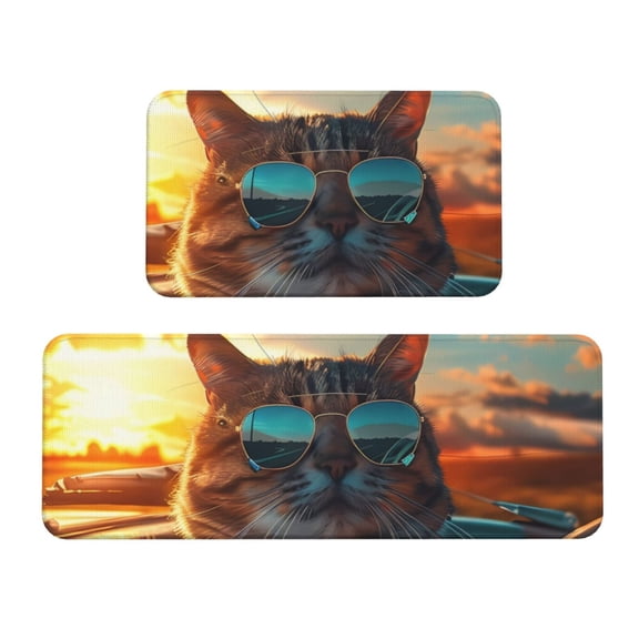 Logiee Cool Cat Driving Sunset Print Kitchen Mats for Floor Sets of 2,Waterproof Kitchen Rugs,Non Slip Comfort Standing Mat Rug for Home,Runner,Sink,Office,Laundry