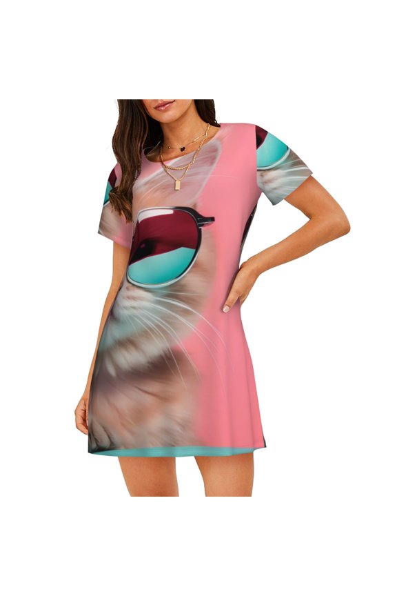 Cool Cat Pink Sunglasses Print Nightgowns for Women,Soft Short-Sleeved Lightweight Sleepwear, Loose Sleepshirts