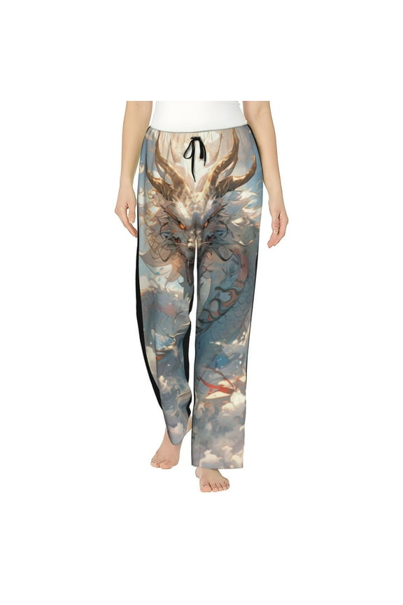 Cool Cloud White Dragon Print Women Pajama Pants,Comfy Pj Bottom with Pockets & Drawstring,Stretch Casual Sleepwear-Large
