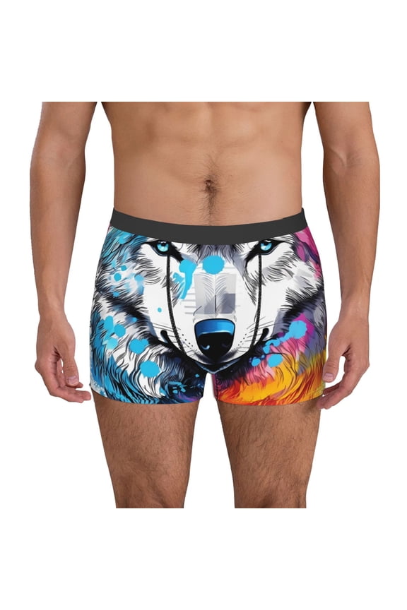 Cool Colorful Wolf Print Mens Boxer Briefs,Boxer Briefs for Men,Breathable Stretch Underwear,Boys Boxer Briefs-Small