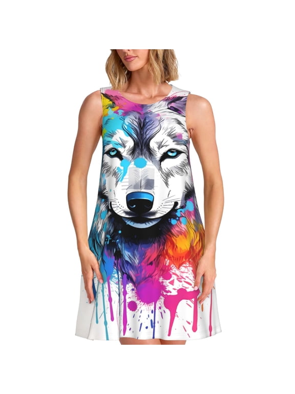 Cool Colorful Wolf Print Summer Dresses for Women,Beach Sleeveless Flowy Pocket Tshirt Tank Sundresses,Women's Sleeveless Dress