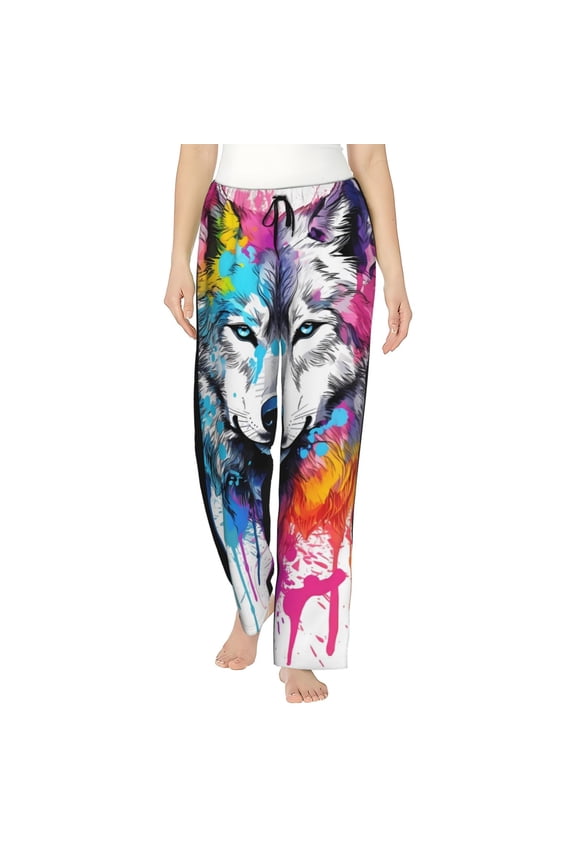 Cool Colorful Wolf Print Women Pajama Pants,Comfy Pj Bottom with Pockets & Drawstring,Stretch Casual Sleepwear-Medium