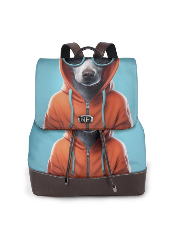 Cool Dog In Hoodie Print Women's Leather Backpack,Travel Laptop Backpack,Fashion Ladies Leather Backpack Bag for Travel,Leather Drawstring Daypack for Me