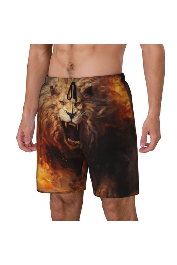 Cool Fire Lion Print Men's Swim Trunk,Quick Dry Board Shorts ,Men's Swim Trunks with Compression Liner, Bathing Suits with Pockets-Small
