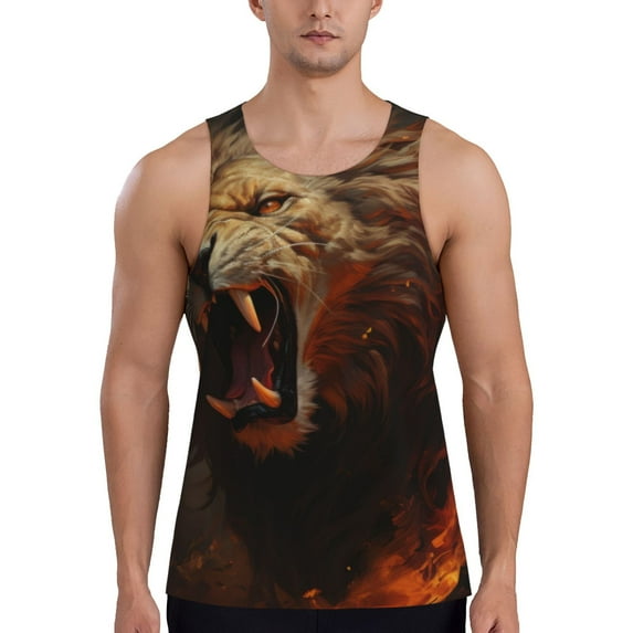 Logiee Cool Flame Lion A Print Men's Workout Tank Top,Quick Dry Workout Tank Top,Gym Muscle Tee,Fitness Bodybuilding Sleeveless T Shirt-XX-Large