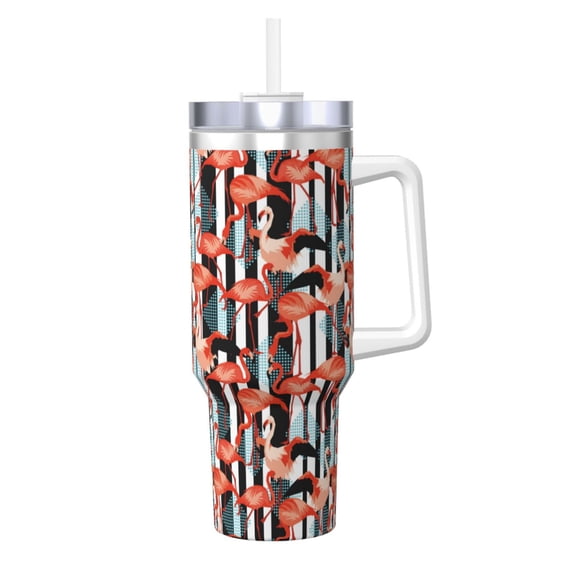 Logiee Cool Flamingo Print 40OZ Ice Bully Cup with Handle and Straw, Double Wall Stainless Steel Tumbler,Travel Coffee Cup with Lid, Summer Insulation and Cooling Cup