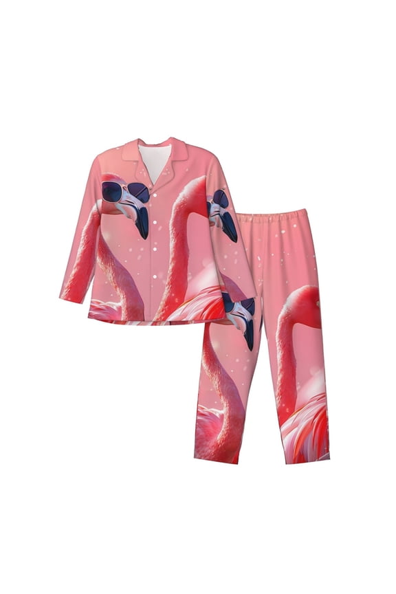 Cool Flamingos Sunglasses Scene Print Mens Long Sleeve Pajama Set,Notched Collar Pajamas for Men, Men's Sleepwear,Mens Sleepwear with Pockets & Button Down-Medium