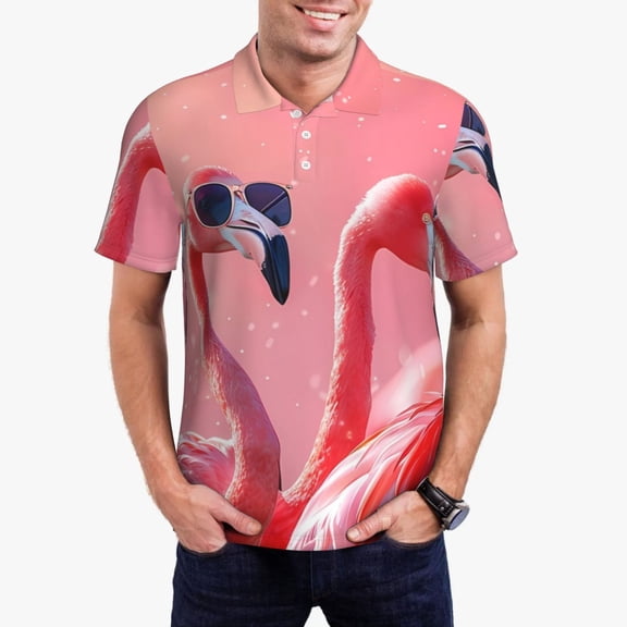 Logiee Cool Flamingos Sunglasses Scene Print Mens Polo Shirts,Mens Golf Polo Shirts,Short Sleeve Casual Polo Shirts for Men,Summer Fashion Beach Shirts-XX-Large