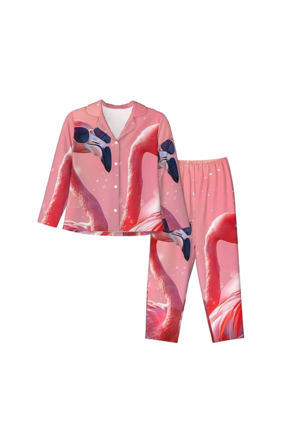 Cool Flamingos Sunglasses Scene Print Womens Pajamas Set,Long Sleeve Sleepwear,Button Down Lounge Set 2 Pieces,Soft Nightwear Pjs Set-Medium
