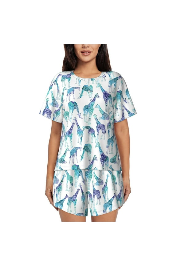 Cool Giraffe Print Womens Pajamas Set,Short-Sleeve Pajama 2 Piece Sleepwear with Pockets-Large