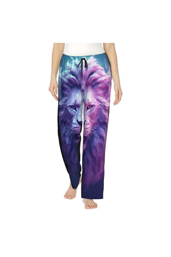 Cool Lion Head Print Women Pajama Pants,Comfy Pj Bottom with Pockets & Drawstring,Stretch Casual Sleepwear-X-Large