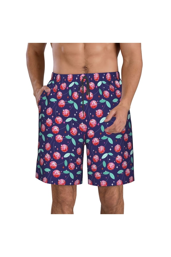Cool Mirror Cherries Print Mens Swim Trunks Quick Dry Board Shorts,Breathable Hawaii Beach Shorts Swimwear Bathing Suits-Medium