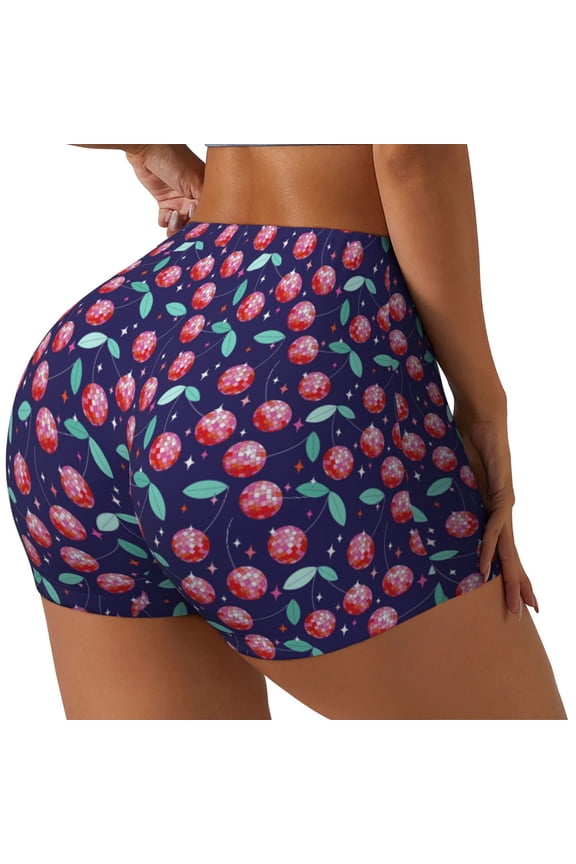 Cool Mirror Cherries Print Women's Biker Shorts,Workout Gym Shorts,Scrunch Shorts,Tummy Control Hidden Scrunch Running Yoga Shorts-X-Large