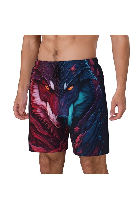 Cool Wolf Head Print Men's Swim Trunk,Quick Dry Board Shorts ,Men's Swim Trunks with Compression Liner, Bathing Suits with Pockets-X-Large