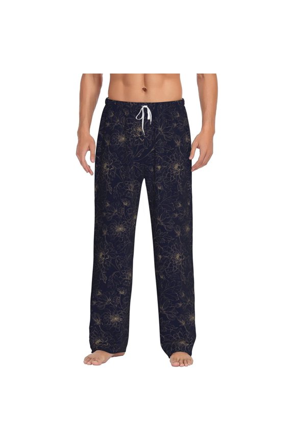 Copper-Gold Gloss Outline Chrysanthemum Print Pajama Pants for Men,Men’s Pajama Bottoms,Mens PJ Pants with Pockets & Button Fly-Large