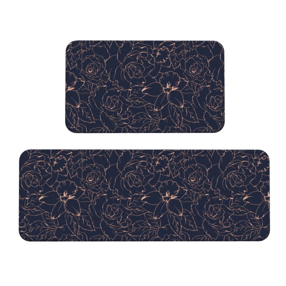 Logiee Copper-Gold Gloss Outline Flower Print Kitchen Mats for Floor Sets of 2,Waterproof Kitchen Rugs,Non Slip Comfort Standing Mat Rug for Home,Runner,Sink,Office,Laundry