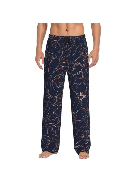 Copper-Gold Gloss Outline Flower Print Pajama Pants for Men,Men’s Pajama Bottoms,Mens PJ Pants with Pockets & Button Fly-3X-Large