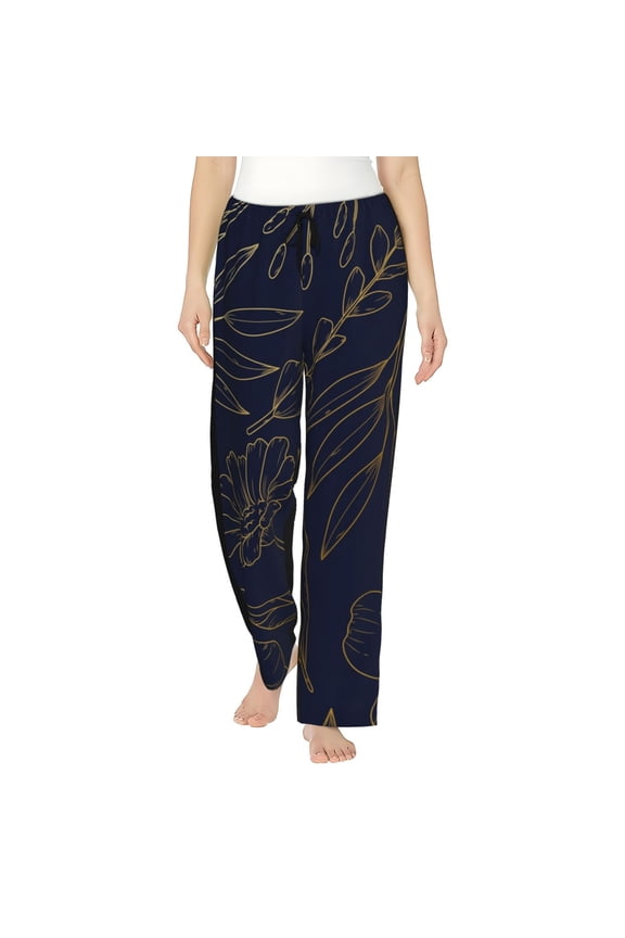 Copper-Gold Gloss Outline Flower Print Women Pajama Pants,Comfy Pj Bottom with Pockets & Drawstring,Stretch Casual Sleepwear-Medium