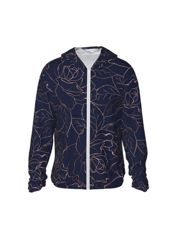 Copper-Gold Gloss Outline Navy Dark Blue Print Men's Women Light Jacket Full Zip Sun Protection Hoodie Long Sleeve Sun Shirts for Men Hiking Fishing Zip Pockets-Large