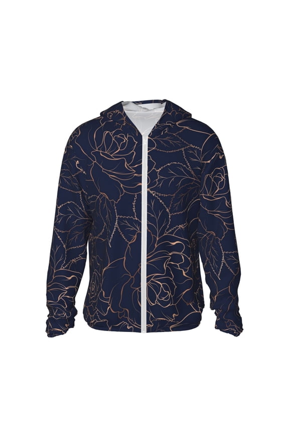 Copper-Gold Gloss Outline Navy Dark Blue Print Men's Women Light Jacket Full Zip Sun Protection Hoodie Long Sleeve Sun Shirts for Men Hiking Fishing Zip Pockets-Large