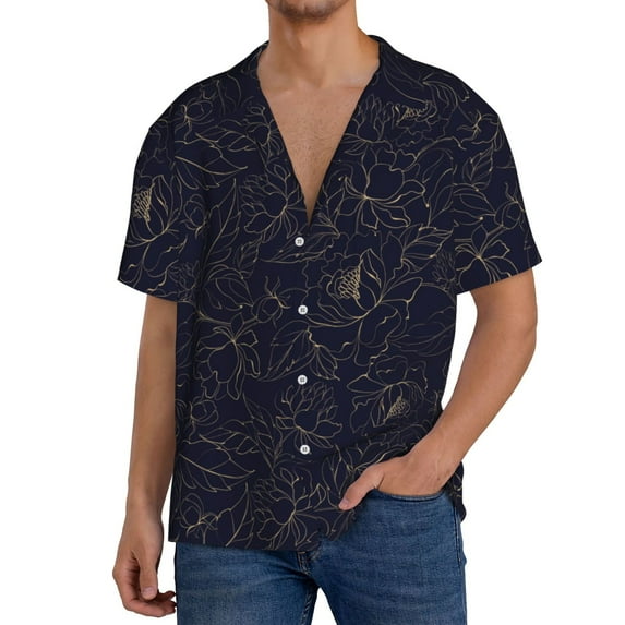 Logiee Copper-Gold Gloss Outline Peony Print Men's Button Down Shirts Short Sleeve, Summer Beach Shirts,Vacation Wedding Shirts,Men's Casual Button-Down Shirts with Pocket-4X-Large